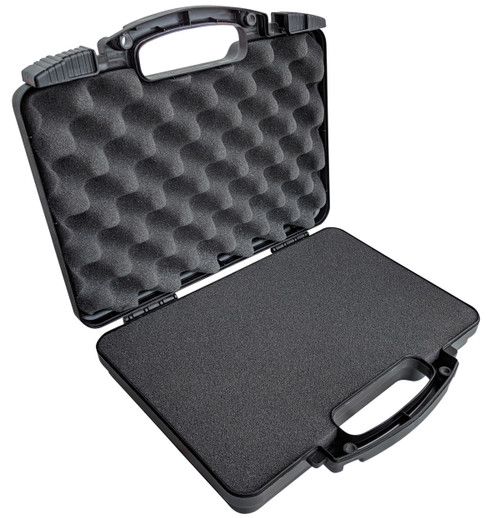 Open black Pick & Pluck pistol case with egg crate foam in the lid, pluckable foam base, carry handle and locking latch