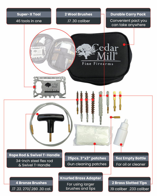 The Cedar Mill Fine Firearm rifle cleaning kit is designed to fit everything including revolvers, pistols, handguns, rifles, and long guns while still being compact and easy to carry.