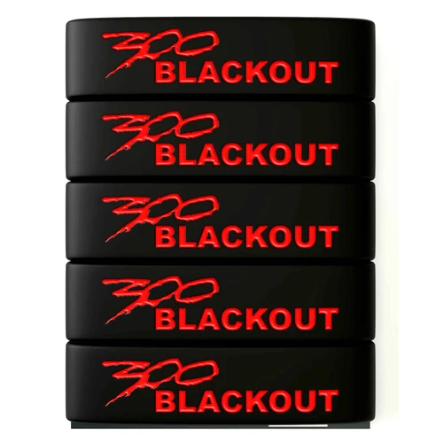 Black SPARTA magazine bands stacked, each printed with 300 Blackout in red