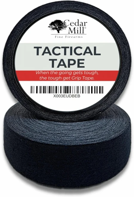Two rolls of black Cedar Mill Fine Firearms Tactical Grip Tape with the branded product label clearly visible.