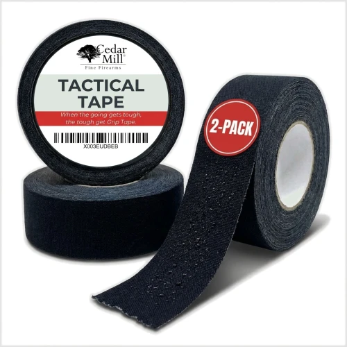 Two rolls of black Cedar Mill tactical grip tape, one upright with label and one showing the non slip textured surface