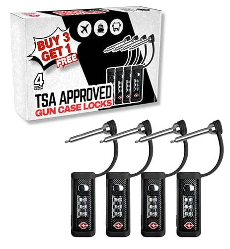 Four black MonoShaft TSA approved gun case locks with three dial combination, shown with the 4 pack retail box