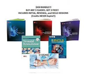 6 Class BUNDLE!!
CHOOSE ANY 3 and GET 3 FREE!!!
AHA 2025 ACLS, BLS  & PALS / AAP NRP, IV Certification, PHTLS Discount Bundle for $450
Includes Initial or Renewals
Credits NEVER Expire!