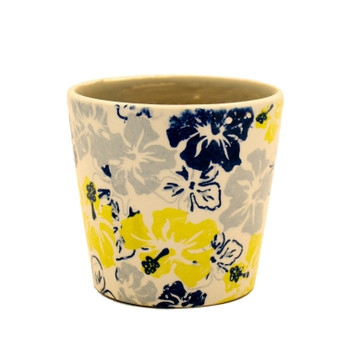 Ceramic Pot Planter - Yellow,Blue And Grey Flowers