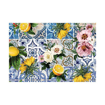 Chenille Rug / Blue Lisbon Pattern with Lemons & Flowers