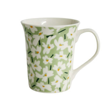 Ceramic Mug - Green, White Flowers