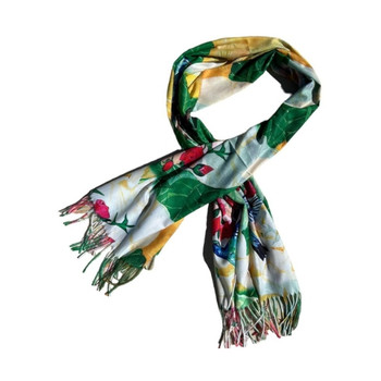 Cashmere Scarf - Frieda, Red Flowers, Green Leaves