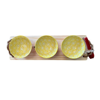 Wood Platter 3 Bowls - Yellow ZigZags Wood Platter 3 Bowls - Yellow ZigZags