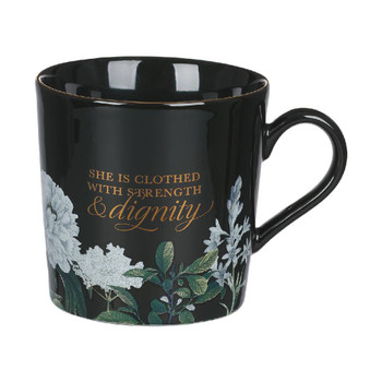 Black Ceramic Mug - Strength & Dignity Floral