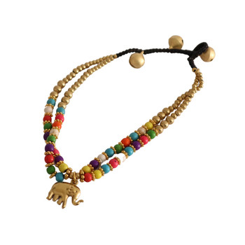 Anklet - Gold Elephant, Colourful Beads
