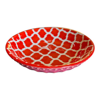 Ceramic Flat Bowl - Red Grid Pink Shell