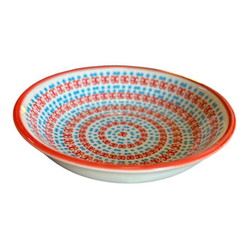 Ceramic Flat Bowl - Red Fleur Blue Dots