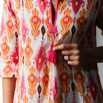Jaipur Tassel Tunic Dress/ Coral Orange Ikat