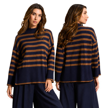 Navy Camel Funnel Neck Knit Jersey
