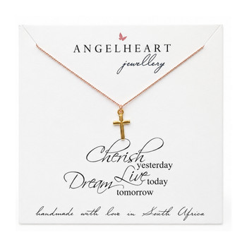 Necklace / Pink Silk / Gold Plated / Cross