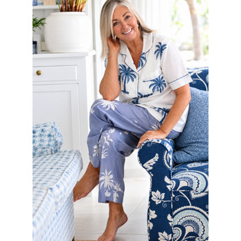 Cotton Long PJ Set / White Grey Palm