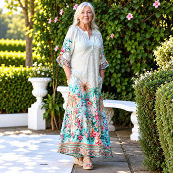 Ava Dress - Pale Blue Tropical Border