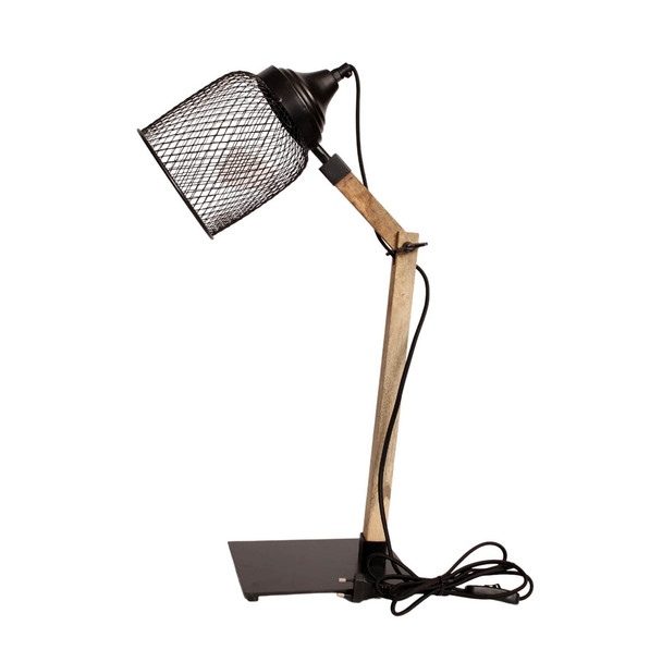 Matt Black Mesh Desk Lamp with Wood Finish (49cm)