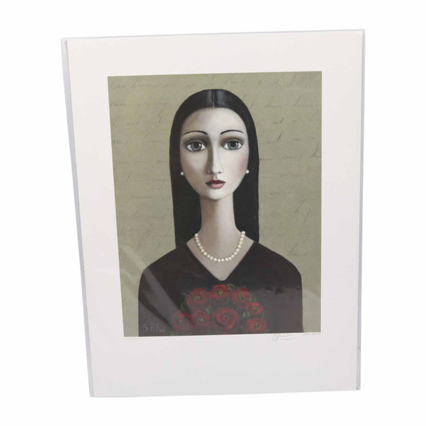 Sandra Pelser Print on cardstock. Black long haired lady with black shirt, pearl necklace and bunch of red flowers on a greenish brown background. Unframed with white border. 