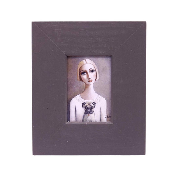 Small Grey Wooden Frame with Print - Short haired blond lady with white shirt holding a Pug dog on a light brownish greyish background.