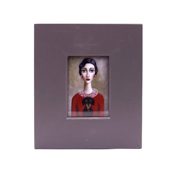 Small Grey Wooden Frame with Print - Dark haired lady with red shirt holding a black Duchshund on a greyish background. 