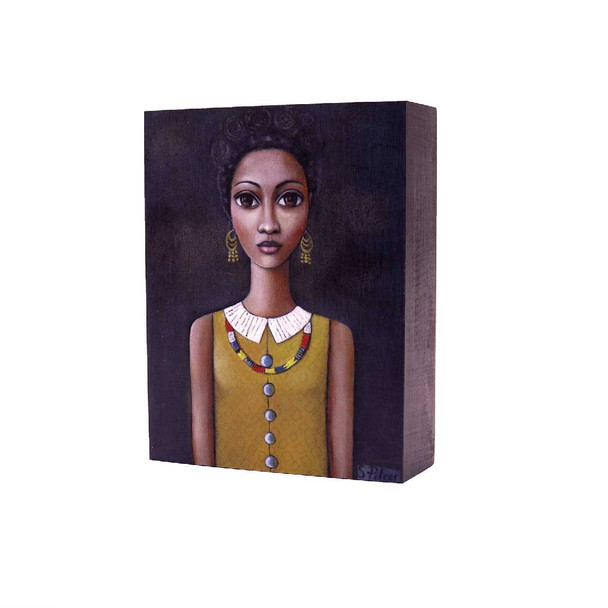 Printed Wooden Block in Grey: Dark skinned lady with black hair and mustard shirt and African Beads on dark grey background. 