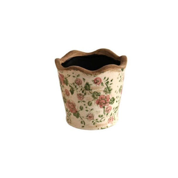 Vintage Pot Planter / Pink Flowers Vines