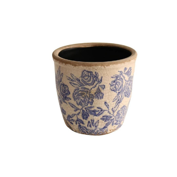 Small Blue Rose Vine Glazed White Ceramic Pot / 13.5cm