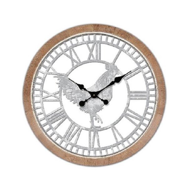 Wall Clock / Mock Wood with Silver Rooster and Roman Numbers / 70cm