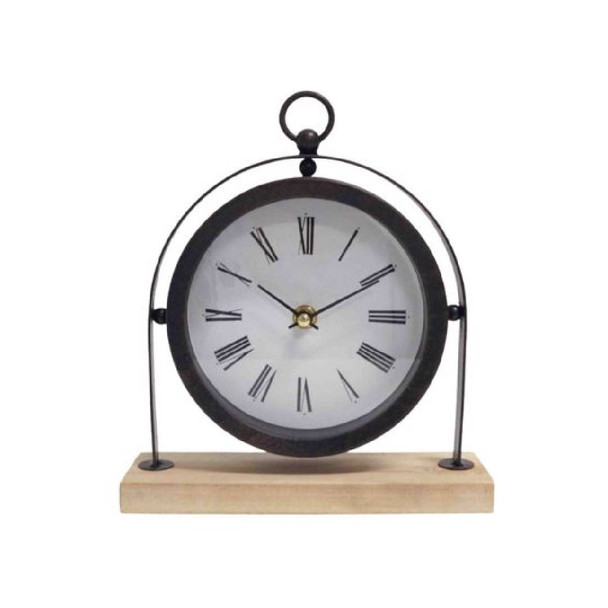 Table Clock / Black Steel frame Hanging Clock on Wooden stand / 22cm