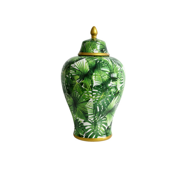Large Ceramic Ginger Jar - Assorted Green Leaves