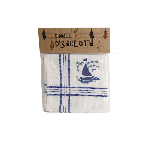 Single Printed Dishcloth - Blue boat