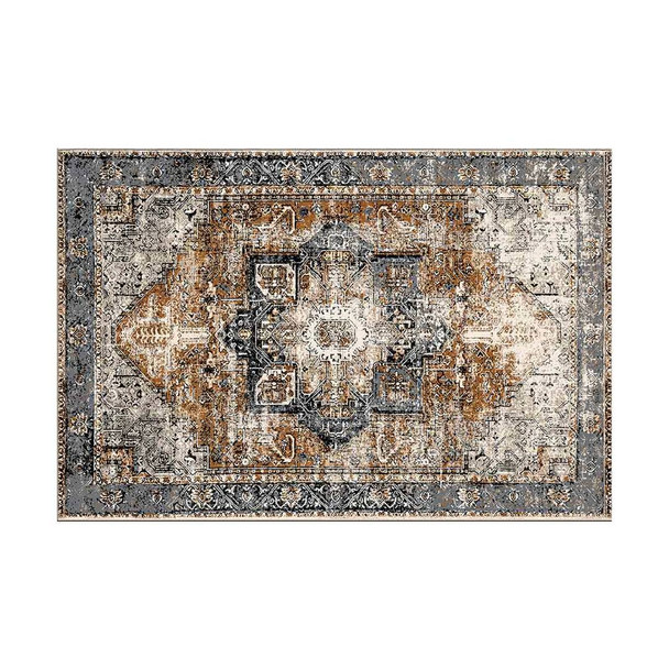 Chenille Rug / Classic Brown & Blue Geo Distressed