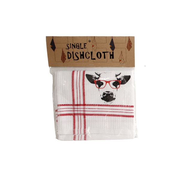 Single Printed Dishcloth - Cow Red Glasses