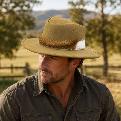 Genuine Suede Hat with Springbok Trim - Sand