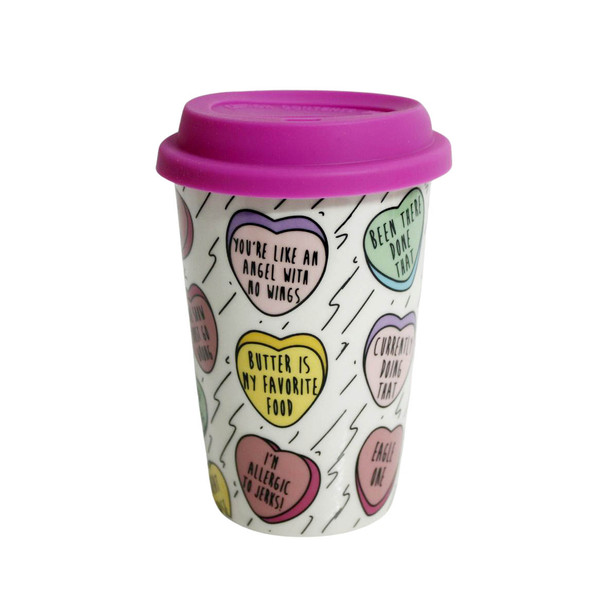 Ceramic Travel Mug - Pink Lid, Candy Hearts