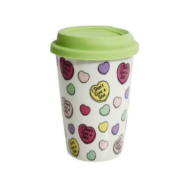 Ceramic Travel Mug - Green Lid, Candy Hearts