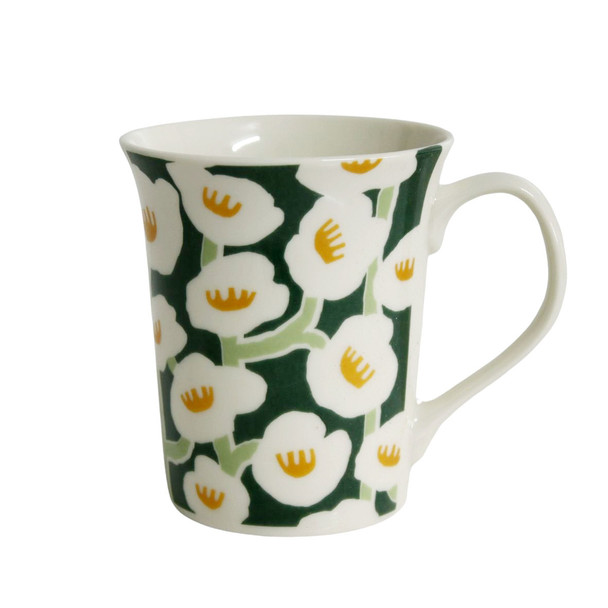 Ceramic Mug - Grey, White Poppy Flowers