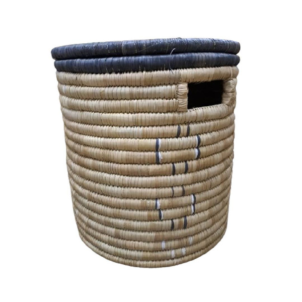 Laundry Basket with Lid /  Navy/Brown with Pattern