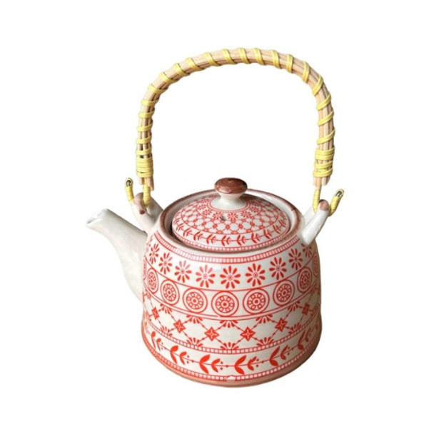 Ceramic Chinese Tea Pot - Red Circles And Flowers