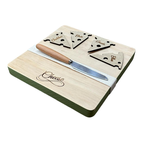 Wooden Cheese Board With 4 Cheese Pegs - Olive Green