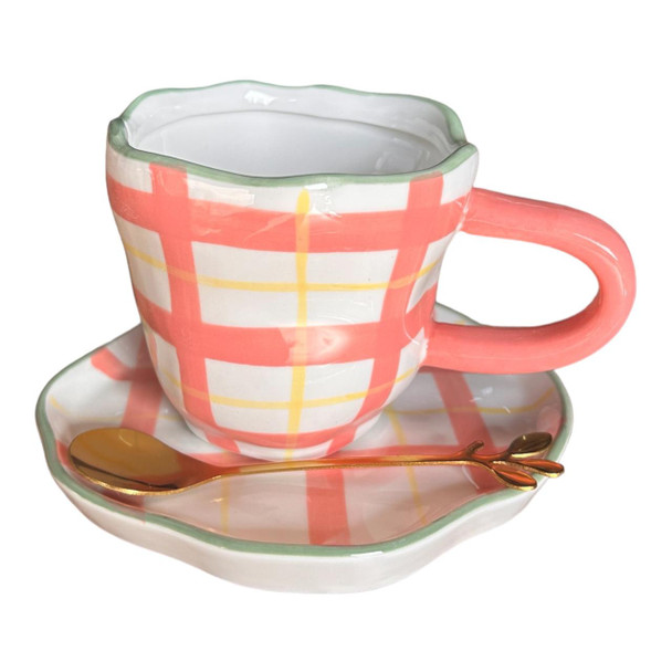 Coffee Gift Set - Orange And Green Checker, Gold Spoon