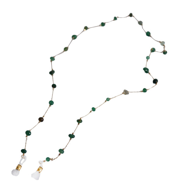 Glasses Chain - Oval Green Beads, Silver Rope