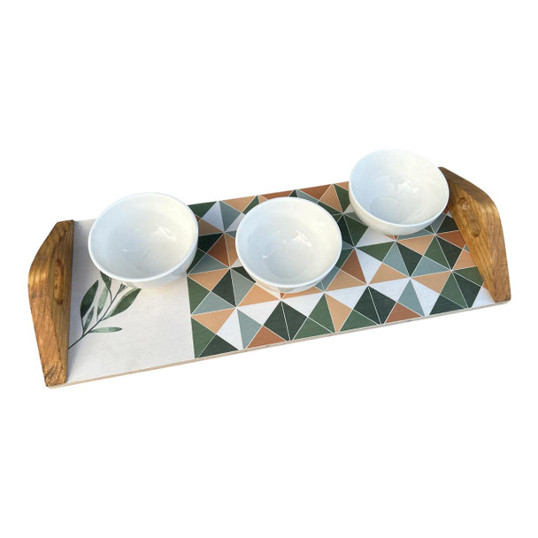 Platter Tray With 3 Bowls - Olive Leaf