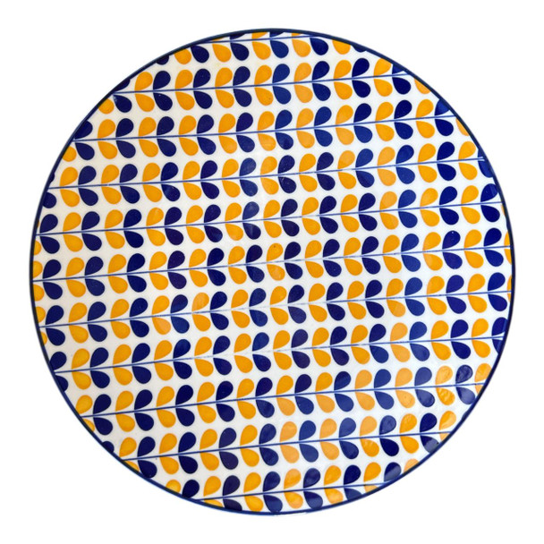 Ceramic Dinner Plate - Yellow Blue Round Leaves.