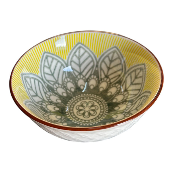 Ceramic Bowl - Faded Green Flower Yellow Lines