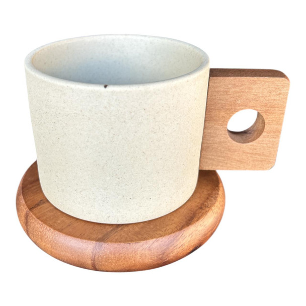 Beige Clay Cup And Wooden Dish Beige Clay Cup And Wooden Dish
