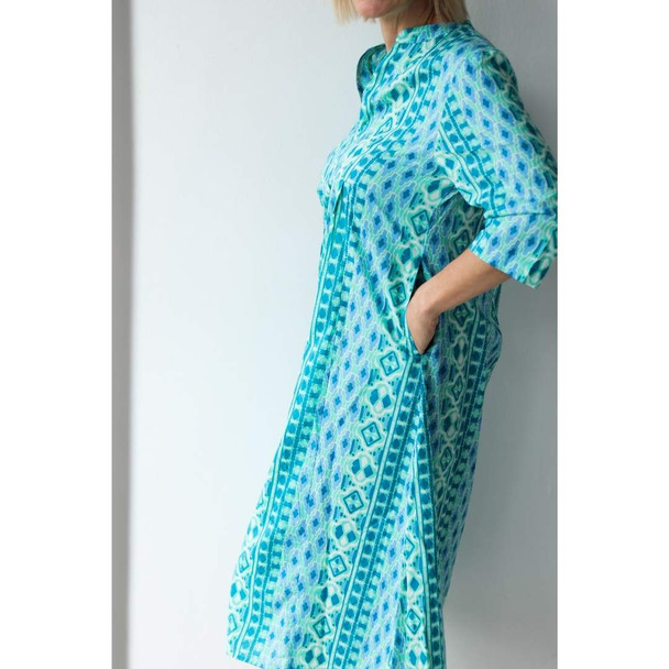 Audrey Front Pleat Dress / Blue Teal Ikat