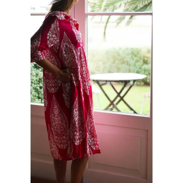 Audrey Front Pleat Dress / Cherise Pink Floral Paisley