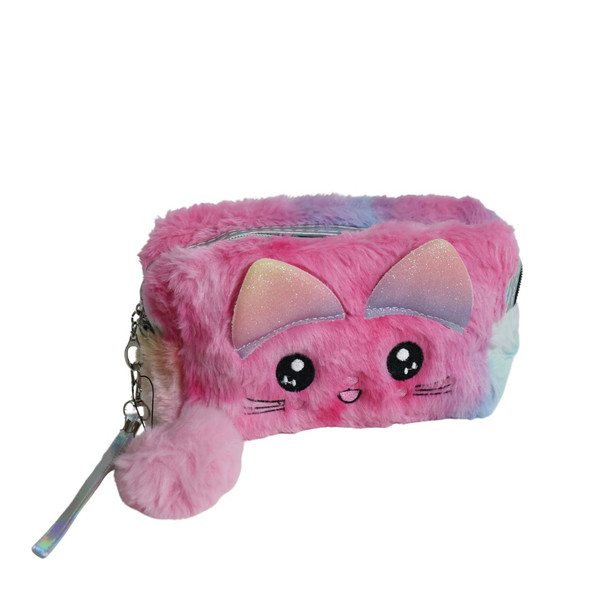 Plush Pink Cat Cosmetic Bag with Pom-Pom